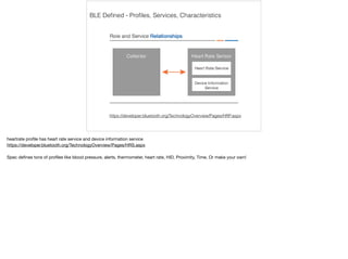 BLE Defined - Profiles, Services, Characteristics 
https://developer.bluetooth.org/TechnologyOverview/Pages/HRP.aspx 
heartrate profile has heart rate service and device information service 
https://developer.bluetooth.org/TechnologyOverview/Pages/HRS.aspx 
Spec defines tons of profiles like blood pressure, alerts, thermometer, heart rate, HID, Proximity, Time, Or make your own! 
 