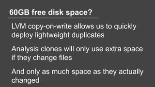 60GB free disk space?
LVM copy-on-write allows us to quickly
deploy lightweight duplicates
Analysis clones will only use e...