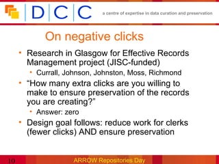 a centre of expertise in data curation and preservation




            On negative clicks
     • Research in Glasgow for Effective Records
       Management project (JISC-funded)
       • Currall, Johnson, Johnston, Moss, Richmond
     • “How many extra clicks are you willing to
       make to ensure preservation of the records
       you are creating?”
       • Answer: zero
     • Design goal follows: reduce work for clerks
       (fewer clicks) AND ensure preservation


10                 ARROW Repositories Day
 