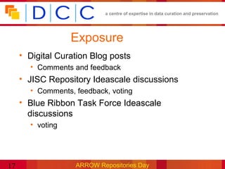 a centre of expertise in data curation and preservation




                  Exposure
     • Digital Curation Blog posts
       • Comments and feedback
     • JISC Repository Ideascale discussions
       • Comments, feedback, voting
     • Blue Ribbon Task Force Ideascale
       discussions
       • voting




17                 ARROW Repositories Day
 