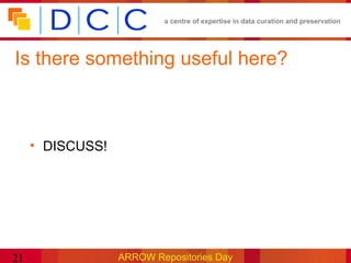 a centre of expertise in data curation and preservation




Is there something useful here?



     • DISCUSS!




21                ARROW Repositories Day
 