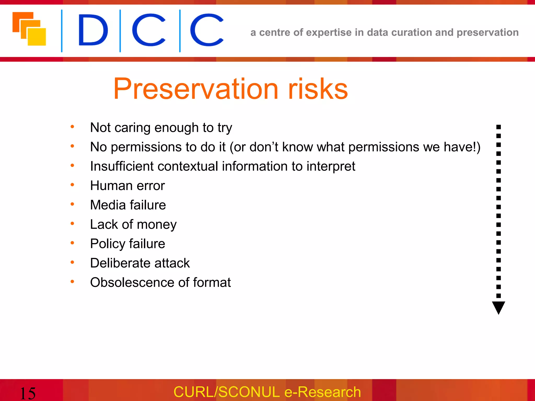 a centre of expertise in data curation and preservation




            Preservation risks
     •   Not caring enough to try
     •   No permissions to do it (or don’t know what permissions we have!)
     •   Insufficient contextual information to interpret
     •   Human error
     •   Media failure
     •   Lack of money
     •   Policy failure
     •   Deliberate attack
     •   Obsolescence of format




15                    CURL/SCONUL e-Research
 