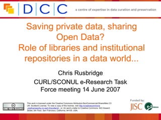 a centre of expertise in data curation and preservation




  Saving private data, sharing
           Open Data?
Role of libraries and institutional
 repositories in a data world...
                Chris Rusbridge
         CURL/SCONUL e-Research Task
          Force meeting 14 June 2007
                                                                                                 Funded by:
  This work is licensed under the Creative Commons Attribution-NonCommercial-ShareAlike 2.5
  UK: Scotland License. To view a copy of this license, visit http://creativecommons
  .org/licenses/by-nc-sa/2.5/scotland/ ; or, (b) send a letter to Creative Commons, 543 Howard
  Street, 5th Floor, San Francisco, California, 94105, USA.
 