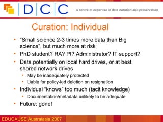 a centre of expertise in data curation and preservation




            Curation: Individual
     • “Small science 2-3 times more data than Big
       science”, but much more at risk
     • PhD student? RA? PI? Administrator? IT support?
     • Data potentially on local hard drives, or at best
       shared network drives
        • May be inadequately protected
        • Liable for policy-led deletion on resignation
     • Individual “knows” too much (tacit knowledge)
        • Documentation/metadata unlikely to be adequate
     • Future: gone!

EDUCAUSE Australasia 2007
 