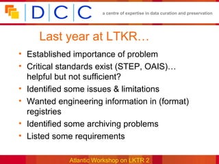 a centre of expertise in data curation and preservation




     Last year at LTKR…
• Established importance of problem
• Critical standards exist (STEP, OAIS)…
  helpful but not sufficient?
• Identified some issues & limitations
• Wanted engineering information in (format)
  registries
• Identified some archiving problems
• Listed some requirements

             Atlantic Workshop on LKTR 2
 