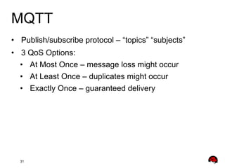MQTT
•  Publish/subscribe protocol – “topics” “subjects”
•  3 QoS Options:
•  At Most Once – message loss might occur
•  A...