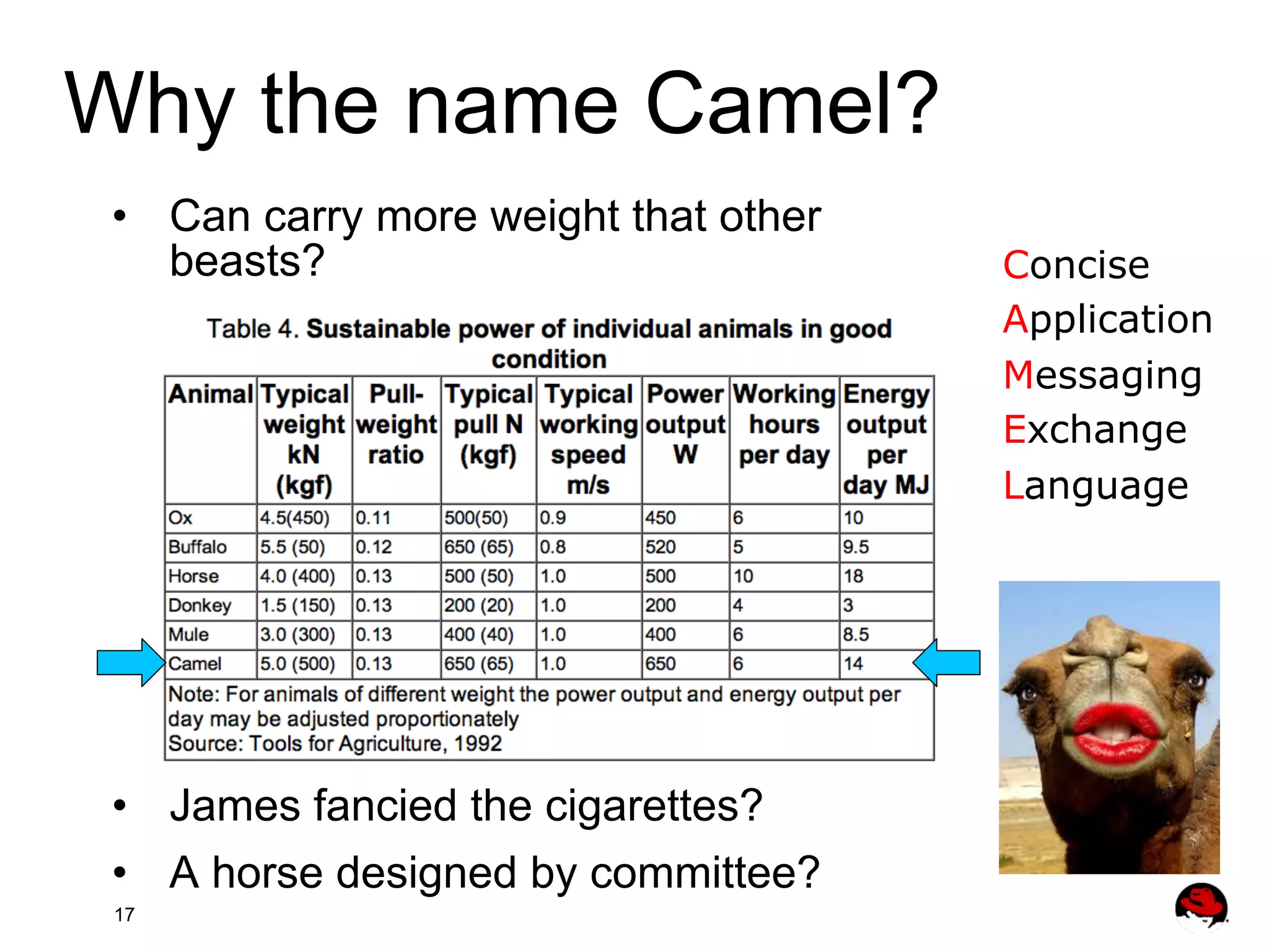 Why the name Camel? •  Can carry more weight that other beasts? •  James fancied the cigarettes? •  A horse designed by committee? 17 Concise Application Messaging Exchange Language 