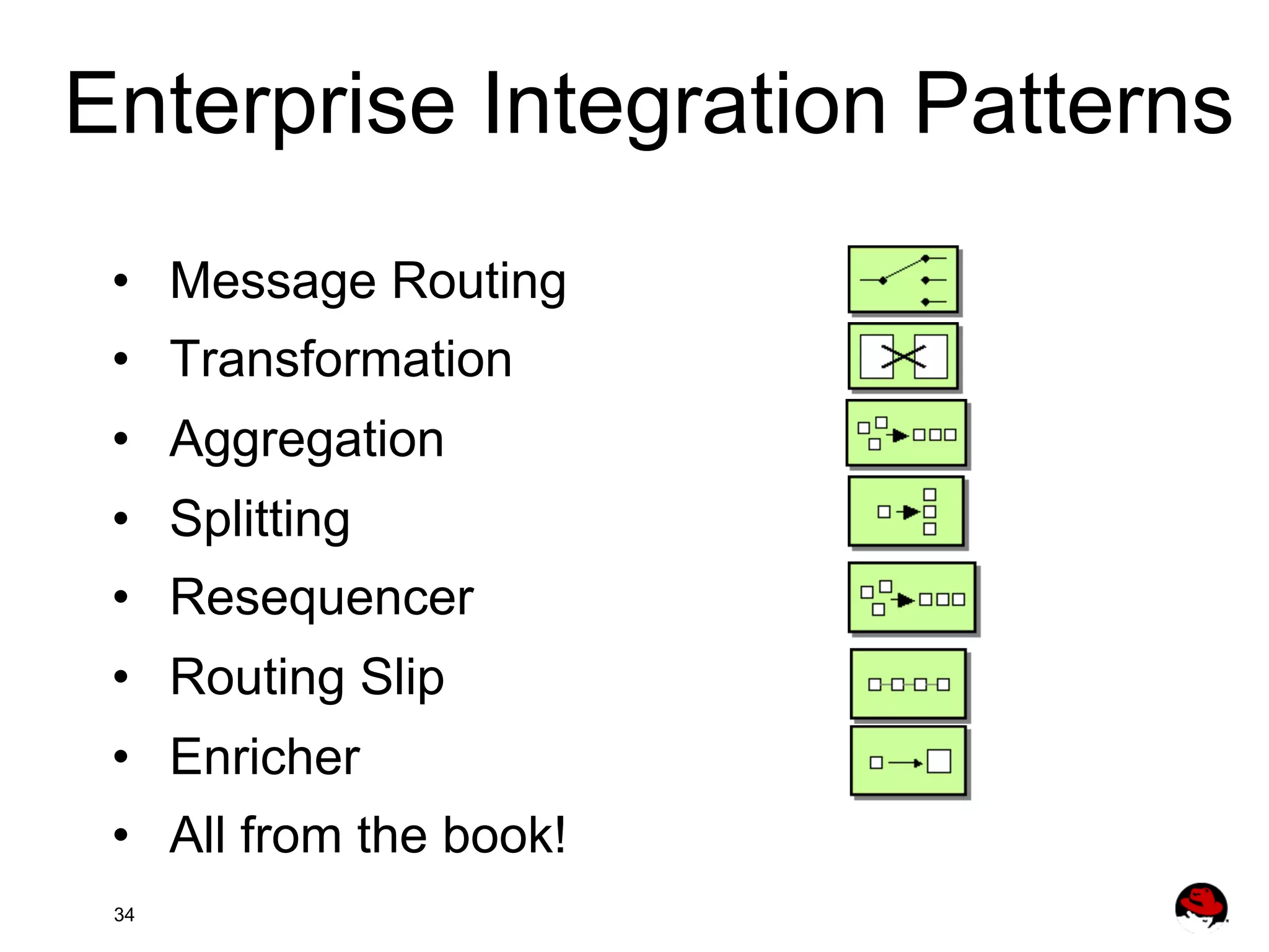 Enterprise Integration Patterns •  Message Routing •  Transformation •  Aggregation •  Splitting •  Resequencer •  Routing Slip •  Enricher •  All from the book! 34 