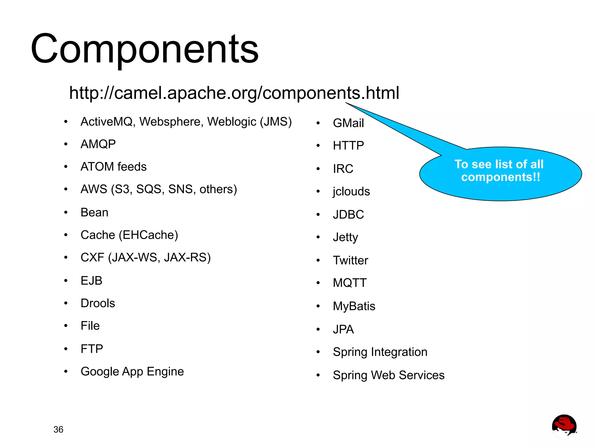 Components http://camel.apache.org/components.html •  ActiveMQ, Websphere, Weblogic (JMS) •  AMQP •  HTTP •  ATOM feeds •  IRC •  AWS (S3, SQS, SNS, others) •  jclouds •  Bean •  JDBC •  Cache (EHCache) •  Jetty •  CXF (JAX-WS, JAX-RS) •  Twitter •  EJB •  MQTT •  Drools •  MyBatis •  File •  JPA •  FTP •  Spring Integration •  Google App Engine 36 •  GMail •  Spring Web Services To see list of all components!! 