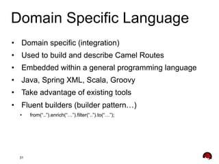 Domain Specific Language
•  Domain specific (integration)
•  Used to build and describe Camel Routes
•  Embedded within a general programming language
•  Java, Spring XML, Scala, Groovy
•  Take advantage of existing tools
•  Fluent builders (builder pattern…)
• 

31

from(“..”).enrich(“…”).filter(“..”).to(“…”);

 