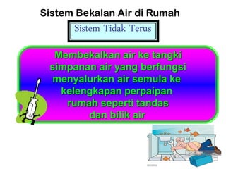 Sistem Tidak Terus
Sistem Bekalan Air di Rumah
Membekalkan air ke tangki
simpanan air yang berfungsi
menyalurkan air semula ke
kelengkapan perpaipan
rumah seperti tandas
dan bilik air
 