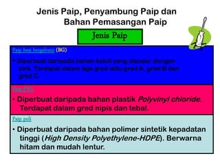 Jenis Paip, Penyambung Paip dan
Bahan Pemasangan Paip
Jenis Paip
Paip poli
• Diperbuat daripada bahan polimer sintetik kepadatan
tinggi (High Density Polyethylene-HDPE). Berwarna
hitam dan mudah lentur.
Paip PVC
• Diperbuat daripada bahan plastik Polyvinyl chloride.
Terdapat dalam gred nipis dan tebal.
Paip besi bergalvani (BG)
• Diperbuat daripada bahan keluli yang disadur dengan
zink. Terdapat dalam tiga gred iaitu gred A, gred B dan
gred C.
 