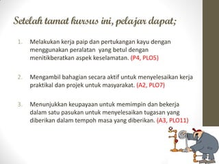 Setelah tamat kursus ini, pelajar dapat;
1. Melakukan kerja paip dan pertukangan kayu dengan
menggunakan peralatan yang betul dengan
menitikberatkan aspek keselamatan. (P4, PLO5)
2. Mengambil bahagian secara aktif untuk menyelesaikan kerja
praktikal dan projek untuk masyarakat. (A2, PLO7)
3. Menunjukkan keupayaan untuk memimpin dan bekerja
dalam satu pasukan untuk menyelesaikan tugasan yang
diberikan dalam tempoh masa yang diberikan. (A3, PLO11)
 