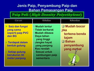 Paip Poli (High Density Polyethylene)
 Mudah bocor
jika
terkena benda
tajam
 Bahan
penyambung
yang mahal
• Mudah lentur
• Tidak berkarat
• Mudah dibawa
• Daya tahan
yang tinggi
• Jangka hayat
yang panjang
• Kos rendah
• Sesuai untuk
sambungan paip
sementara
 Saiz dan fungsi
yang sama
seperti paip PVC
dan BG
 Terdapat dalam
bentuk gulung
 Setiap gulung
berukuran 30
meter panjang
Keburukan
Kebaikan
Ciri-ciri
Jenis Paip, Penyambung Paip dan
Bahan Pemasangan Paip
 