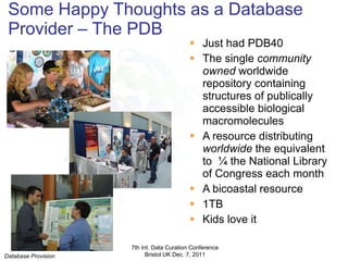 Some Happy Thoughts as a Database Provider – The PDB Just had PDB40 The single  community owned  worldwide repository containing structures of publically accessible biological macromolecules A resource distributing  worldwide  the equivalent to  ¼ the National Library of Congress each month A bicoastal resource 1TB Kids love it 7th Int. Data Curation Conference Bristol UK Dec. 7, 2011 Database Provision 