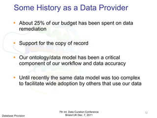 Some History as a Data Provider About 25% of our budget has been spent on data remediation Support for the copy of record Our ontology/data model has been a critical component of our workflow and data accuracy  Until recently the same data model was too complex to facilitate wide adoption by others that use our data 7th Int. Data Curation Conference Bristol UK Dec. 7, 2011 Database Provision 