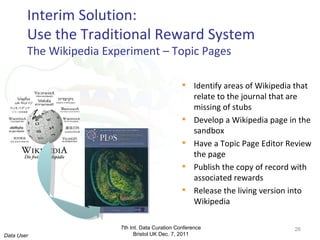 Interim Solution:  Use the Traditional Reward System The Wikipedia Experiment – Topic Pages Identify areas of Wikipedia that relate to the journal that are missing of stubs Develop a Wikipedia page in the sandbox Have a Topic Page Editor Review the page Publish the copy of record with associated rewards Release the living version into Wikipedia 7th Int. Data Curation Conference Bristol UK Dec. 7, 2011 Data User 