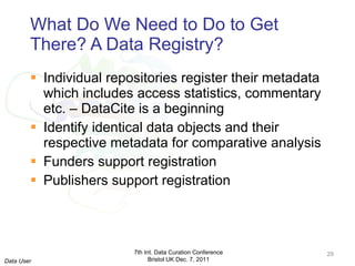 What Do We Need to Do to Get There? A Data Registry? Individual repositories register their metadata which includes access statistics, commentary etc. – DataCite is a beginning Identify identical data objects and their respective metadata for comparative analysis Funders support registration Publishers support registration 7th Int. Data Curation Conference Bristol UK Dec. 7, 2011 Data User 
