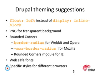 Drupal theming suggestions <ul><li>float: left  instead of  display: inline-block </li></ul><ul><li>PNG for transparent ba...
