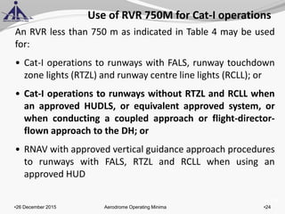 of 131
Use of RVR 750M for Cat-I operations
An RVR less than 750 m as indicated in Table 4 may be used
for:
• Cat-I operations to runways with FALS, runway touchdown
zone lights (RTZL) and runway centre line lights (RCLL); or
• Cat-I operations to runways without RTZL and RCLL when
an approved HUDLS, or equivalent approved system, or
when conducting a coupled approach or flight-director-
flown approach to the DH; or
• RNAV with approved vertical guidance approach procedures
to runways with FALS, RTZL and RCLL when using an
approved HUD
•26 December 2015 •24Aerodrome Operating Minima
 