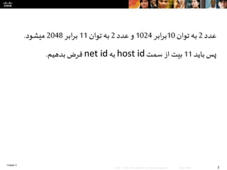 Chapter 5
2© 2007 – 2010, Cisco Systems, Inc. All rights reserved. Cisco Public
‫عدد‬2‫به‬‫توان‬10‫ابر‬‫ر‬‫ب‬1024‫و‬‫عدد‬2‫به‬‫توان‬11‫ابر‬‫ر‬‫ب‬2048‫میشود‬.
‫پس‬‫باید‬11‫بیت‬‫از‬‫سمت‬host id‫به‬net id‫قرض‬‫بدهیم‬.
 