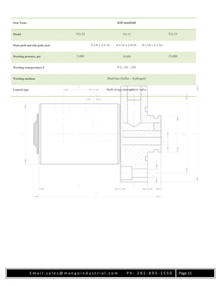 E m a i l : s a l e s @ m a n g o i n d u s t r i a l . c o m P h : 2 8 1 - 8 9 5 - 1 5 5 0 Page 11
Item Name Kill manifold
Model YG-35 YG-35 YG-35
Main path and side path, inch 3-1/8 x 2-1/16 4-1/16 x 2-9/16 4-1/16 x 3-1/16
Working pressure, psi 5,000 10,000 15,000
Working temeperature, ̊F P.U -20 ~ 250
Working medium Mud Gas (Sulfur – hydrogen)
Control type Both-wings atmospheric valve
 