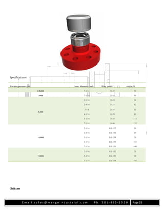 E m a i l : s a l e s @ m a n g o i n d u s t r i a l . c o m P h : 2 8 1 - 8 9 5 - 1 5 5 0 Page 55
Specifications:
Working pressure, psi Inner diameter, inch Ring gasket weight, lb
2/3,000 7-1/16 R-45 90
3000 7-1/16 R-45 99
5,000
2-1/16 R-24 34
2-9/16 R-27 42
3-1/8 R-35 51
4-1/16 R-39 80
5-1/18 R-44 115
7-1/16 R-46 132
10,000
2-1/16 BX-152 50
2-9/16 BX-153 65
3-1/16 BX-154 70
4-1/16 BX-155 104
7-1/16 BX-156 440
15,000
2-1/16 BX-152 75
2-9/16 BX-153 92
3-1/16 BX-154 105
Chiksan
 