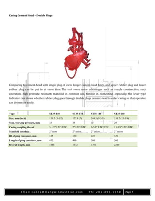 E m a i l : s a l e s @ m a n g o i n d u s t r i a l . c o m P h : 2 8 1 - 8 9 5 - 1 5 5 0 Page 7
Casing Cement Head – Double Plugs
Comparing to cement-head with single plug, it owns longer cement-head body, and upper rubber plug and lower
rubber plug can be put in at same time. The tool owns some advantages such as simple construction, easy
operation, high pressure resistant; manifold in common use, flexible in connecting. Especially, the lever type
indicator can shows whether rubber plug goes through double plugs cement-head to enter casing so that operator
can determine easily.
Type ST35-140 ST35-178 ST35-140 ST35-140
Size, mm (inch) 139.7 (5-1/2) 177.8 (7) 244.5 (9-5/8) 339.7 (13-3/8)
Max. working pressure, mpa 35 35 35 20
Casing coupling thread 5-1/2″ LTC/BTC 7″ LTC/BTC 9-5/8″ LTC/BTC 13-3/8″ LTC/BTC
Manifold interface 2″ uion 2″ union 2″ union 2″ union
ID of plug container, mm 125 160 225 320
Length of plug container, mm 450 460 560 560
Overall length, mm 1886 1972 1701 2210
 