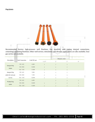 E m a i l : s a l e s @ m a n g o i n d u s t r i a l . c o m P h : 2 8 1 - 8 9 5 - 1 5 5 0 Page 80
Pup Joints
Recommended Service: high-pressure well flowlines, frac manifold, well testing internal connections,
cementing/circulating flowlines; Other well service, stimulation and abrasive applications are also available; Sour
gas service are available.
Description End Connection Cold WP, psi
Diameter, inch
1-1/2” 2” 3” 4”
Integral Pup
Joints
FIG 602 6,000 y y y
FIG 1002 10,000 y y y
FIG 1502 15,000 y y y
Integral Pup
joints for sour gas
service
FIG 602 5,000 y y y
FIG 1002 7,500 y y y
FIG 1502 10,000 y y y
Welded Pup
joints
FIG 602 6,000 y y y
FIG 1002 10,000 y y y y
FIG 1502 15,000 y y y y
 