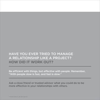 © Franklin Covey Co. All rights reserved.
HAVE YOU EVER TRIED TO MANAGE
A RELATIONSHIP LIKE A PROJECT?
HOW DID IT WORK OUT?
Be efficient with things, but effective with people. Remember,
“With people slow is fast, and fast is slow.”
Ask a close friend or trusted advisor what you could do to be
more effective in your relationships with others.
© Franklin Covey Co. All rights reserved.
 