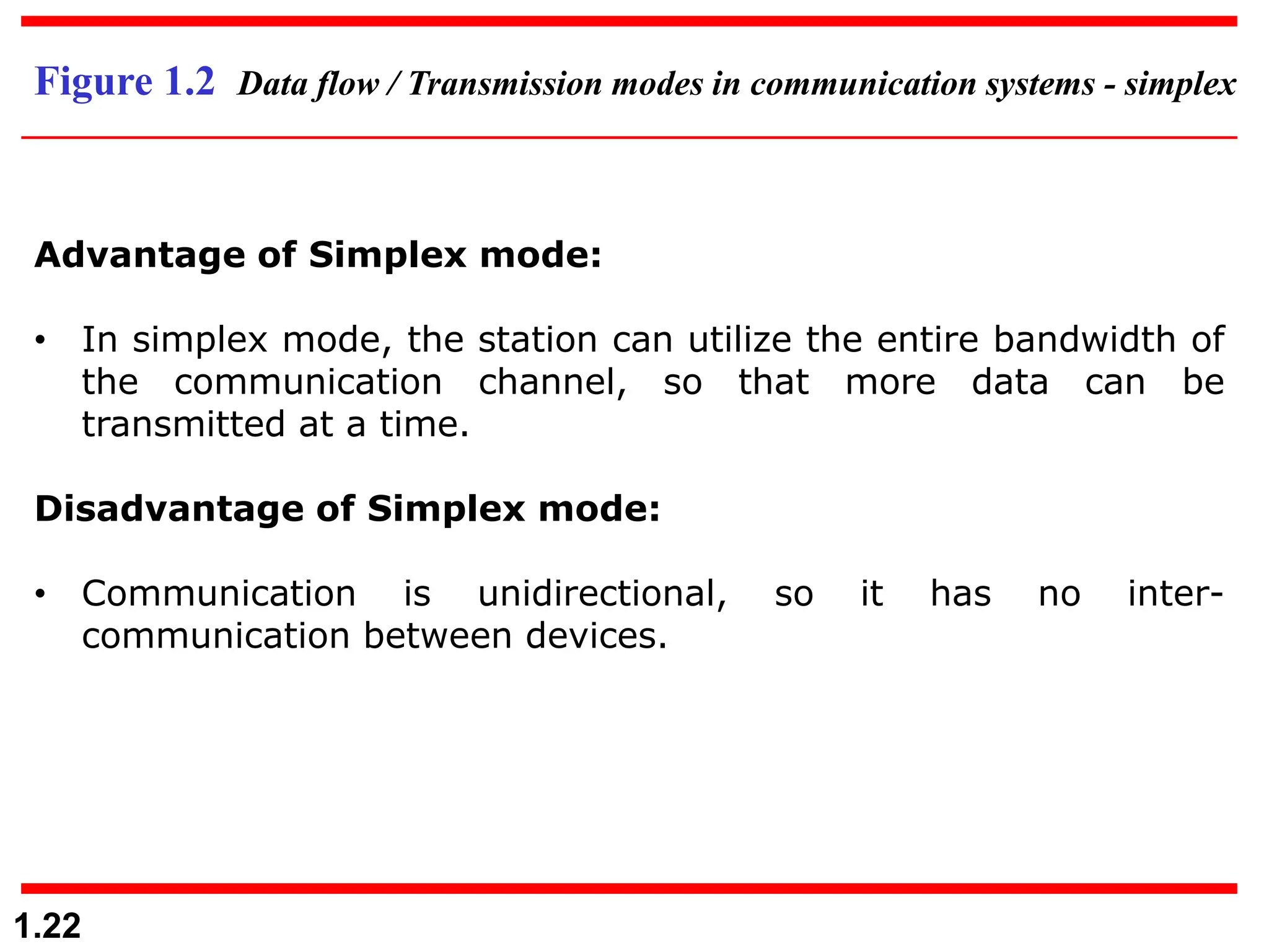 1.22
Figure 1.2 Data flow / Transmission modes in communication systems - simplex
Advantage of Simplex mode:
• In simplex mode, the station can utilize the entire bandwidth of
the communication channel, so that more data can be
transmitted at a time.
Disadvantage of Simplex mode:
• Communication is unidirectional, so it has no inter-
communication between devices.
 