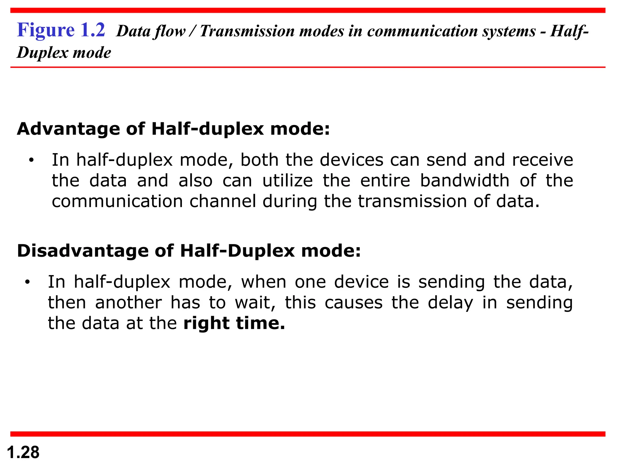 1.28
Figure 1.2 Data flow / Transmission modes in communication systems - Half-
Duplex mode
Advantage of Half-duplex mode:
• In half-duplex mode, both the devices can send and receive
the data and also can utilize the entire bandwidth of the
communication channel during the transmission of data.
Disadvantage of Half-Duplex mode:
• In half-duplex mode, when one device is sending the data,
then another has to wait, this causes the delay in sending
the data at the right time.
 