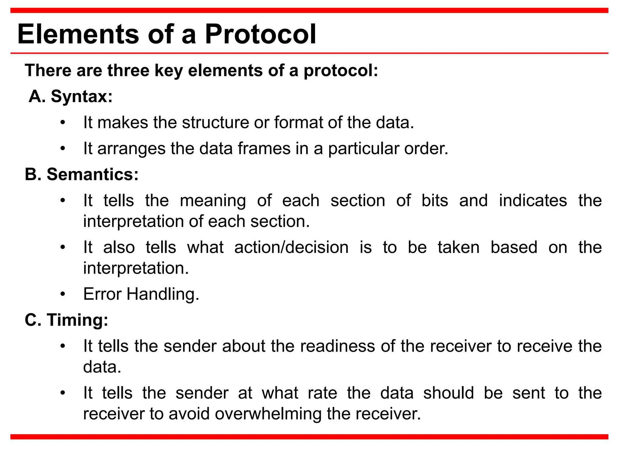Elements of a Protocol
There are three key elements of a protocol:
A. Syntax:
• It makes the structure or format of the data.
• It arranges the data frames in a particular order.
B. Semantics:
• It tells the meaning of each section of bits and indicates the
interpretation of each section.
• It also tells what action/decision is to be taken based on the
interpretation.
• Error Handling.
C. Timing:
• It tells the sender about the readiness of the receiver to receive the
data.
• It tells the sender at what rate the data should be sent to the
receiver to avoid overwhelming the receiver.
 