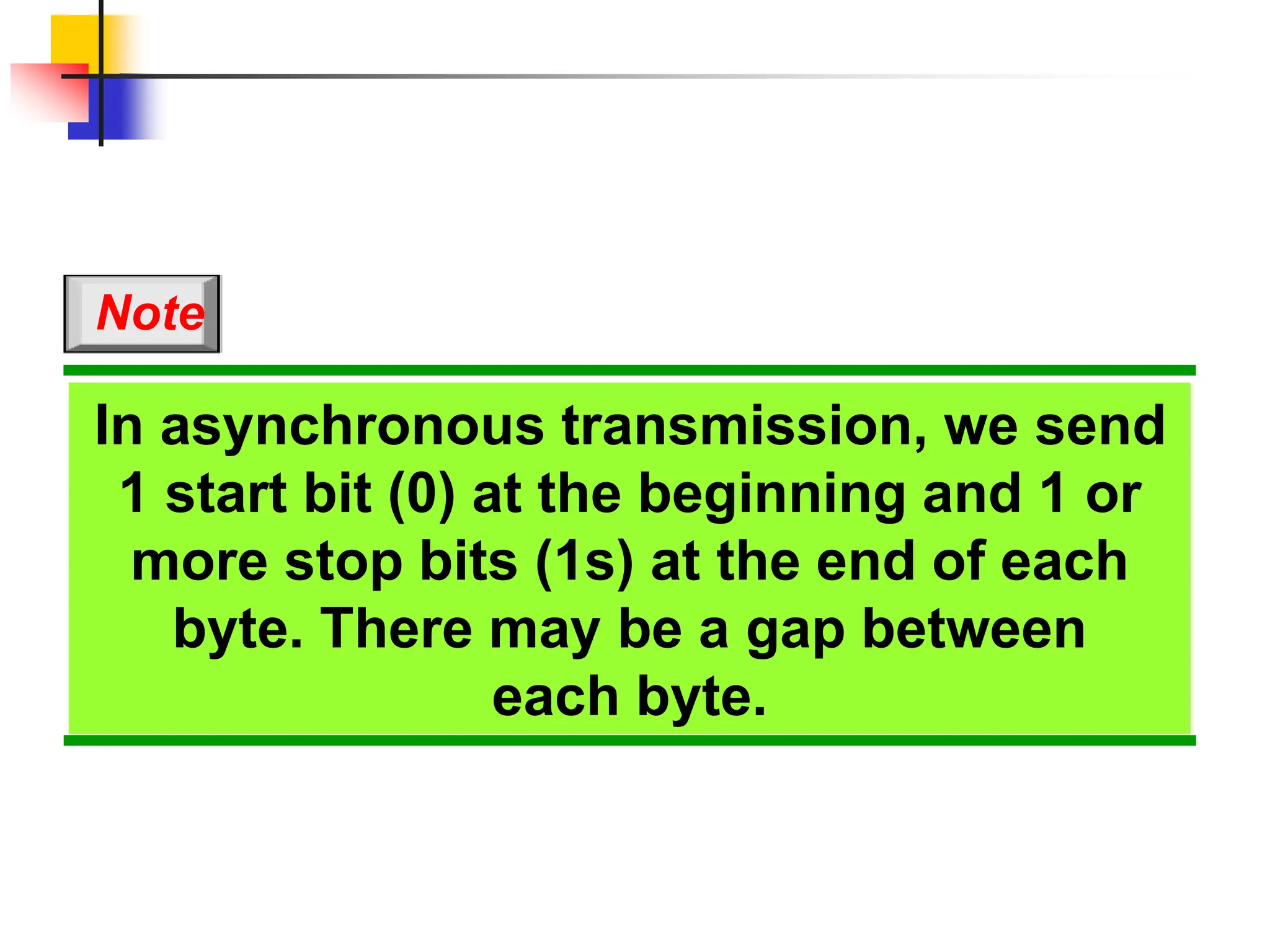 In asynchronous transmission, we send
1 start bit (0) at the beginning and 1 or
more stop bits (1s) at the end of each
byte. There may be a gap between
each byte.
Note
 