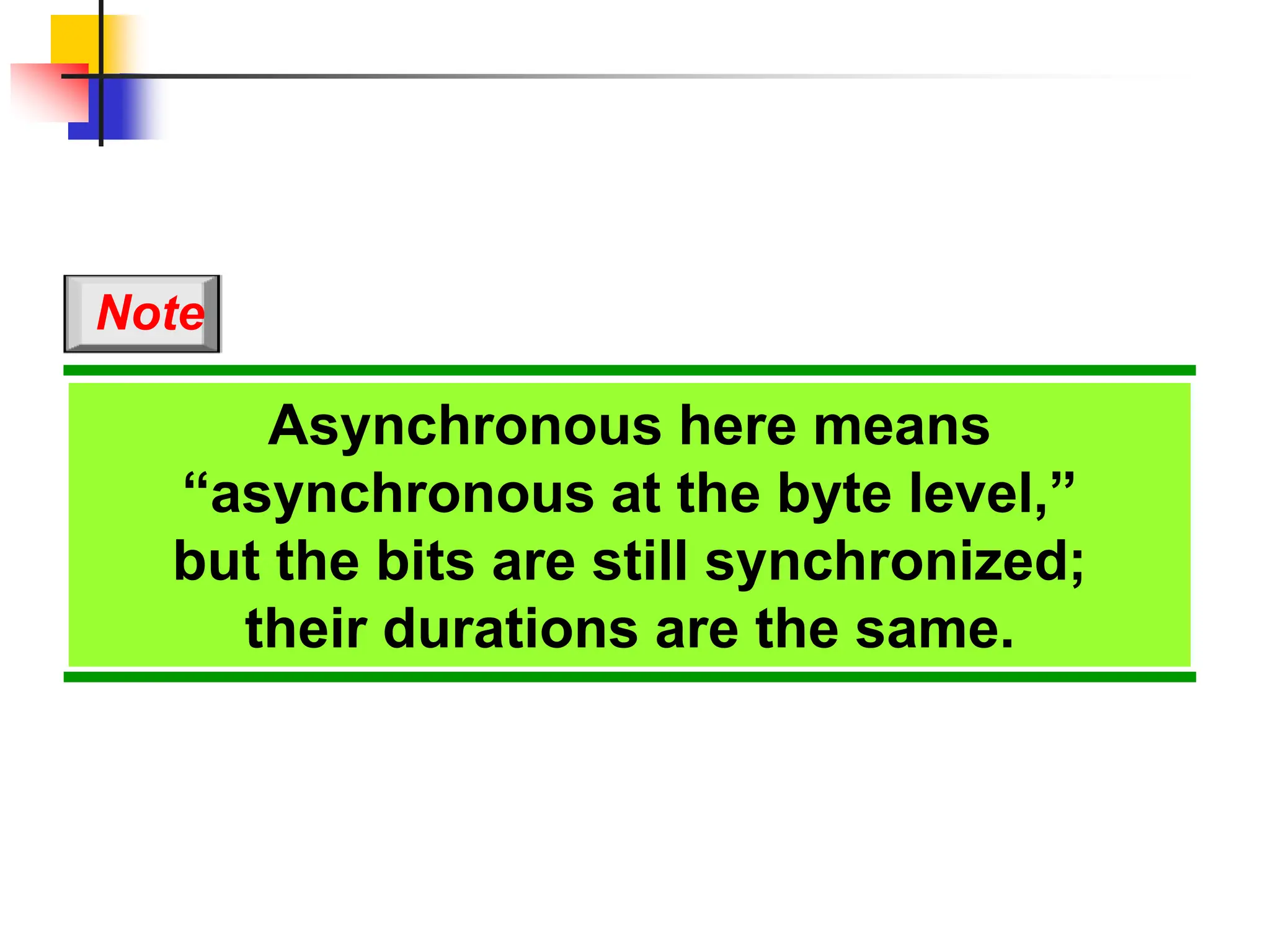 Asynchronous here means
“asynchronous at the byte level,”
but the bits are still synchronized;
their durations are the same.
Note
 