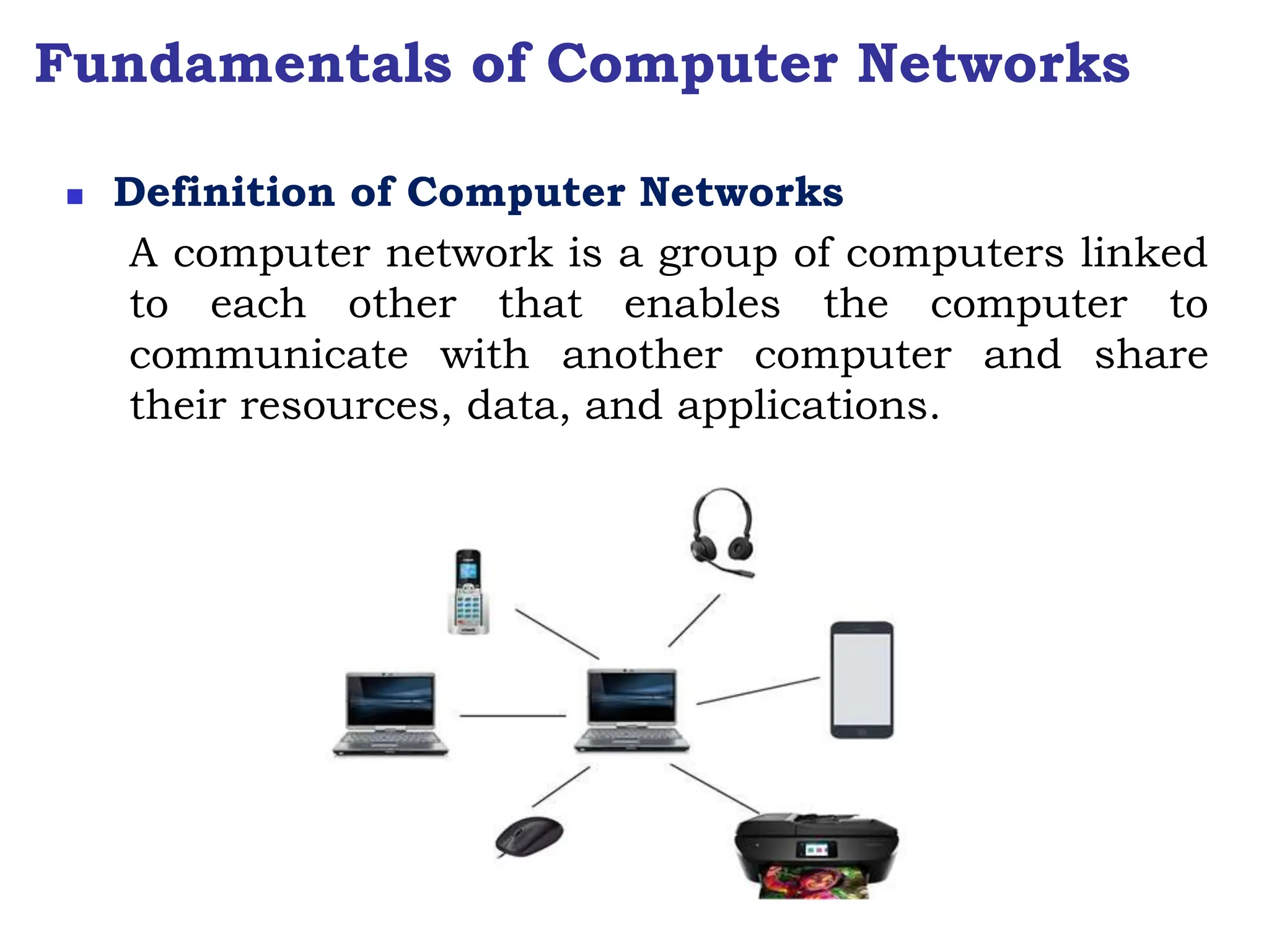 Fundamentals of Computer Networks
 Definition of Computer Networks
A computer network is a group of computers linked
to each other that enables the computer to
communicate with another computer and share
their resources, data, and applications.
 