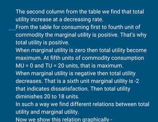 The second column from the table we find that total
utility increase at a decreasing rate.
From the table for consuming first to fourth unit of
commodity the marginal utility is positive. That's why
total utility is positive.
When marginal utility is zero then total utility become
maximum. At fifth units of commodity consumption
MU = 0 and TU = 20 units, that is maximum.
When marginal utility is negative then total utility
decreases. That is a sixth unit marginal utility is -2
that indicates dissatisfaction. Then total utility
diminishes 20 to 18 units.
In such a way we find different relations between total
utility and marginal utility.
Now we show this relation graphically -
 