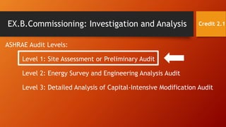 EX.B.Commissioning: Investigation and Analysis
ASHRAE Audit Levels:
Level 1: Site Assessment or Preliminary Audit
Level 2: Energy Survey and Engineering Analysis Audit
Level 3: Detailed Analysis of Capital-Intensive Modification Audit
Credit 2.1
 