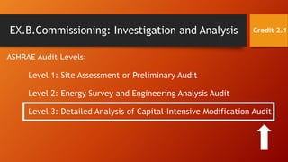 EX.B.Commissioning: Investigation and Analysis
ASHRAE Audit Levels:
Level 1: Site Assessment or Preliminary Audit
Level 2: Energy Survey and Engineering Analysis Audit
Level 3: Detailed Analysis of Capital-Intensive Modification Audit
Credit 2.1
 
