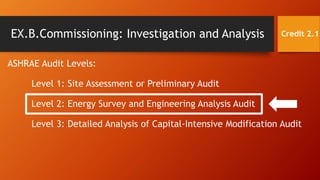 EX.B.Commissioning: Investigation and Analysis
ASHRAE Audit Levels:
Level 1: Site Assessment or Preliminary Audit
Level 2: Energy Survey and Engineering Analysis Audit
Level 3: Detailed Analysis of Capital-Intensive Modification Audit
Credit 2.1
 