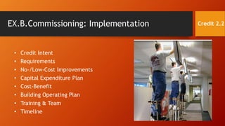 • Credit Intent
• Requirements
• No-/Low-Cost Improvements
• Capital Expenditure Plan
• Cost-Benefit
• Building Operating Plan
• Training & Team
• Timeline
Credit 2.2EX.B.Commissioning: Implementation
 