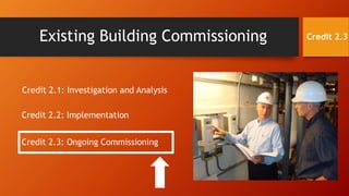 Credit 2.1: Investigation and Analysis
Credit 2.2: Implementation
Credit 2.3: Ongoing Commissioning
Existing Building Commissioning Credit 2.3
 