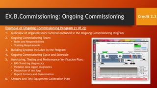 EX.B.Commissioning: Ongoing Commissioning
Example of Ongoing Commissioning Program (1 0f 2):
1. Overview of Organization’s Facilities Included in the Ongoing Commissioning Program
2. Ongoing Commissioning Team:
• Roles and Responsibilities
• Training Requirements
3. Building Systems included in the Program
4. Ongoing Commissioning Cycle and Schedule
5. Monitoring, Testing and Performance Verification Plan:
• BAS Trend log diagnostics
• Portable data logger diagnostics
• Disposition of test logs
• Report formats and dissemination
6. Sensors and Test Equipment Calibration Plan
Credit 2.3
 