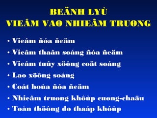 BEÄNH LYÙ
VIEÂM VAØ NHIEÃM TRUØNG
• Vieâm ñóa ñeäm
• Vieâm thaân soáng ñóa ñeäm
• Vieâm tuûy xöông coät soáng
• Lao xöông soáng
• Coát hoùa ñóa ñeäm
• Nhieãm truøng khôùp cuøng-chaäu
• Toån thöông do thaáp khôùp

 
