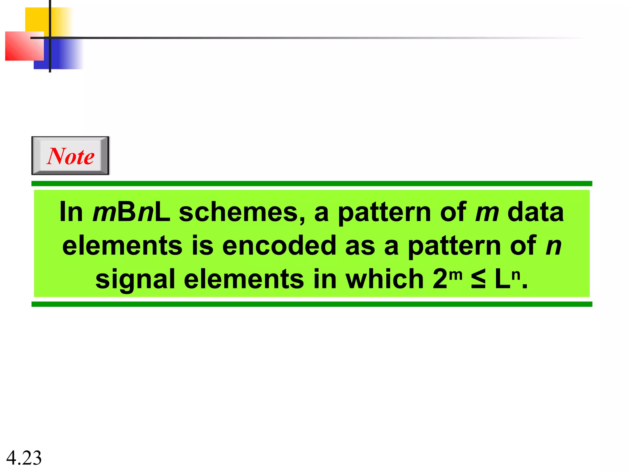 4.23
In mBnL schemes, a pattern of m data
elements is encoded as a pattern of n
signal elements in which 2m
≤ Ln
.
Note
 