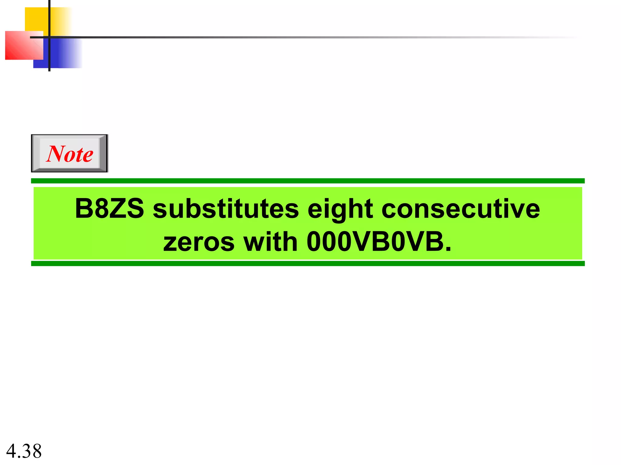 4.38
B8ZS substitutes eight consecutive
zeros with 000VB0VB.
Note
 