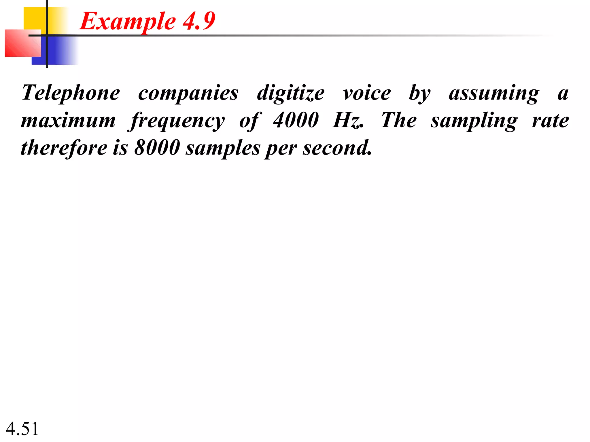 4.51
Telephone companies digitize voice by assuming a
maximum frequency of 4000 Hz. The sampling rate
therefore is 8000 samples per second.
Example 4.9
 
