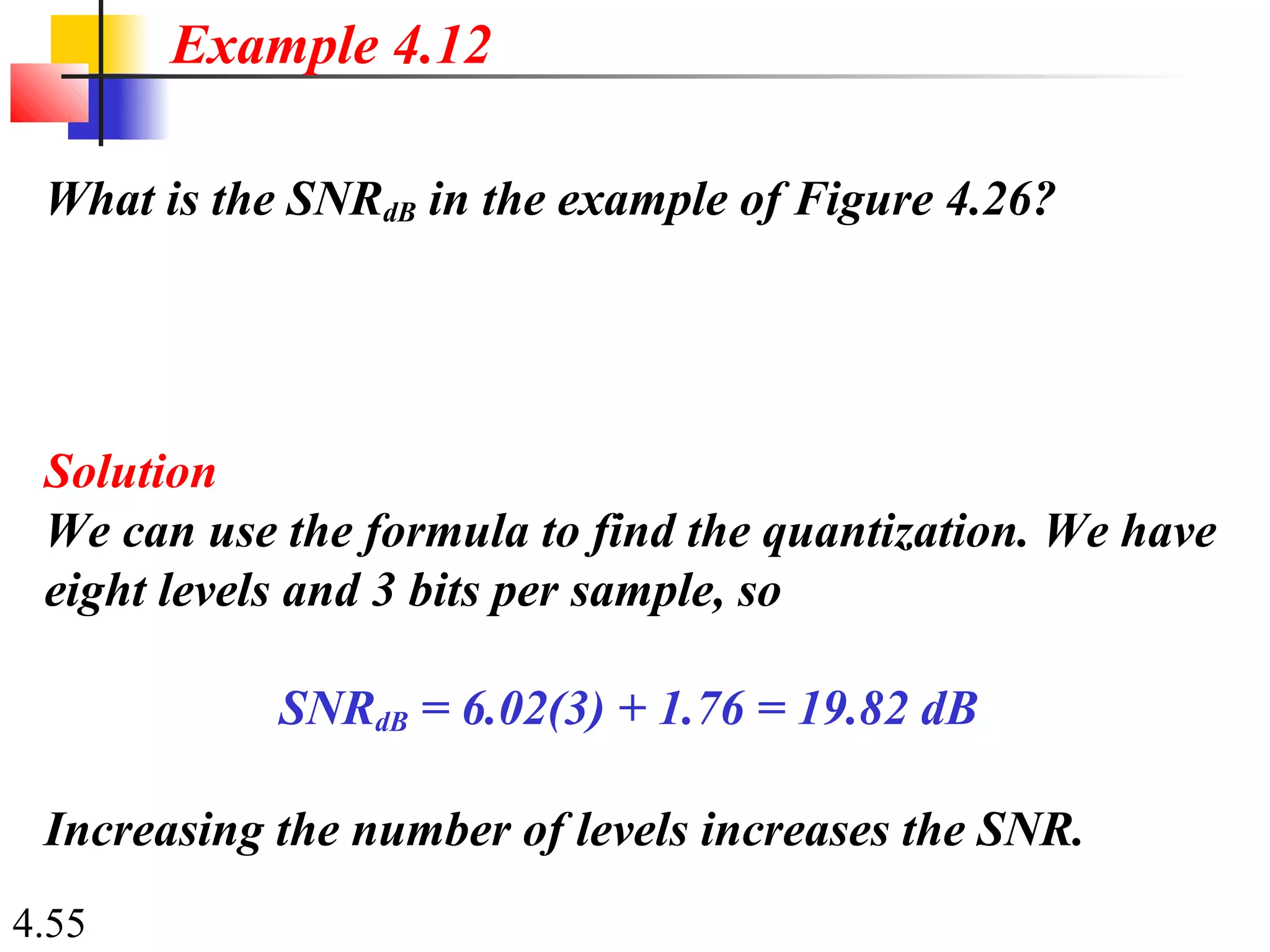 4.55
What is the SNRdB in the example of Figure 4.26?
Solution
We can use the formula to find the quantization. We have
eight levels and 3 bits per sample, so
SNRdB = 6.02(3) + 1.76 = 19.82 dB
Increasing the number of levels increases the SNR.
Example 4.12
 