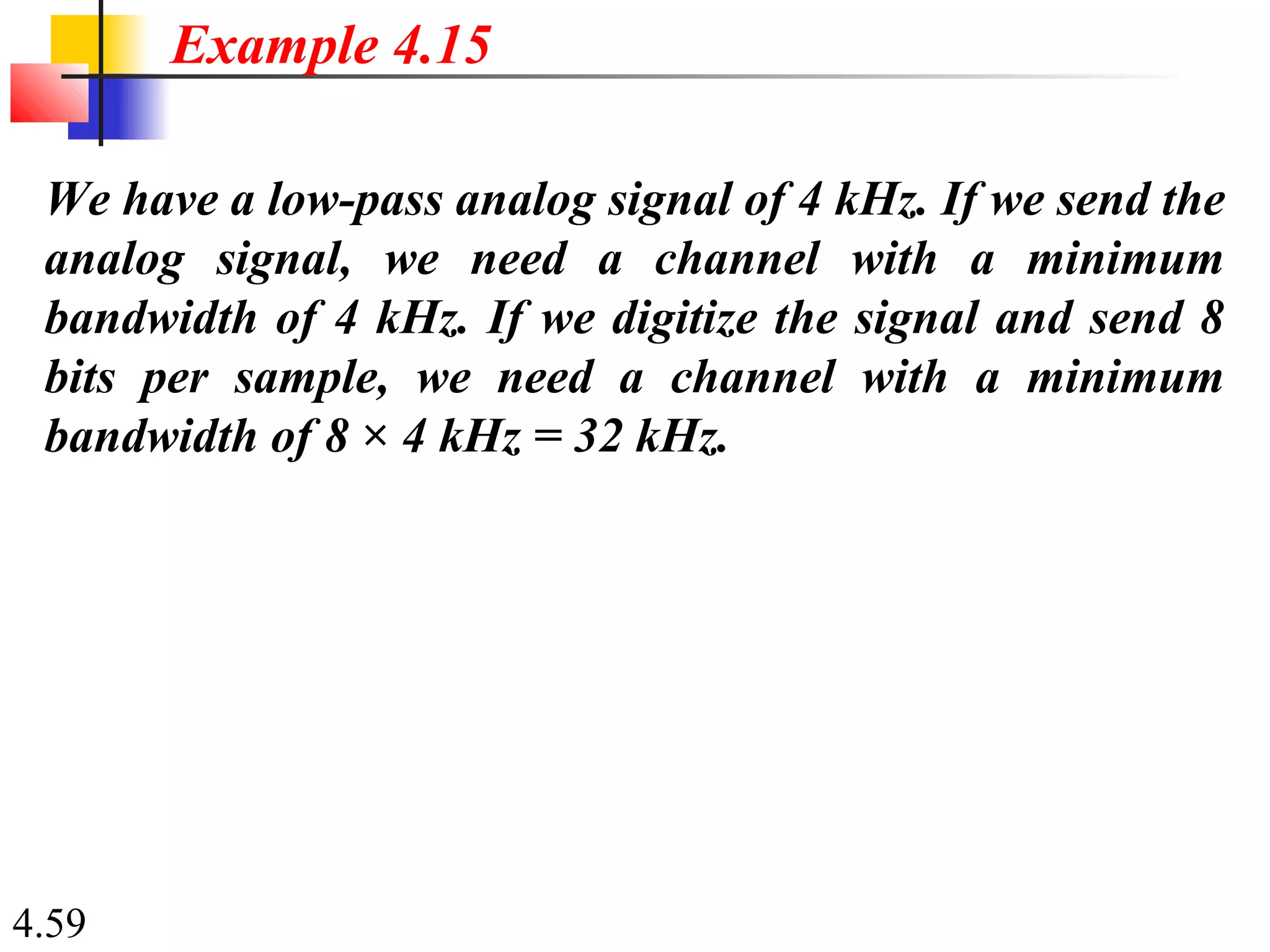 4.59
We have a low-pass analog signal of 4 kHz. If we send the
analog signal, we need a channel with a minimum
bandwidth of 4 kHz. If we digitize the signal and send 8
bits per sample, we need a channel with a minimum
bandwidth of 8 × 4 kHz = 32 kHz.
Example 4.15
 