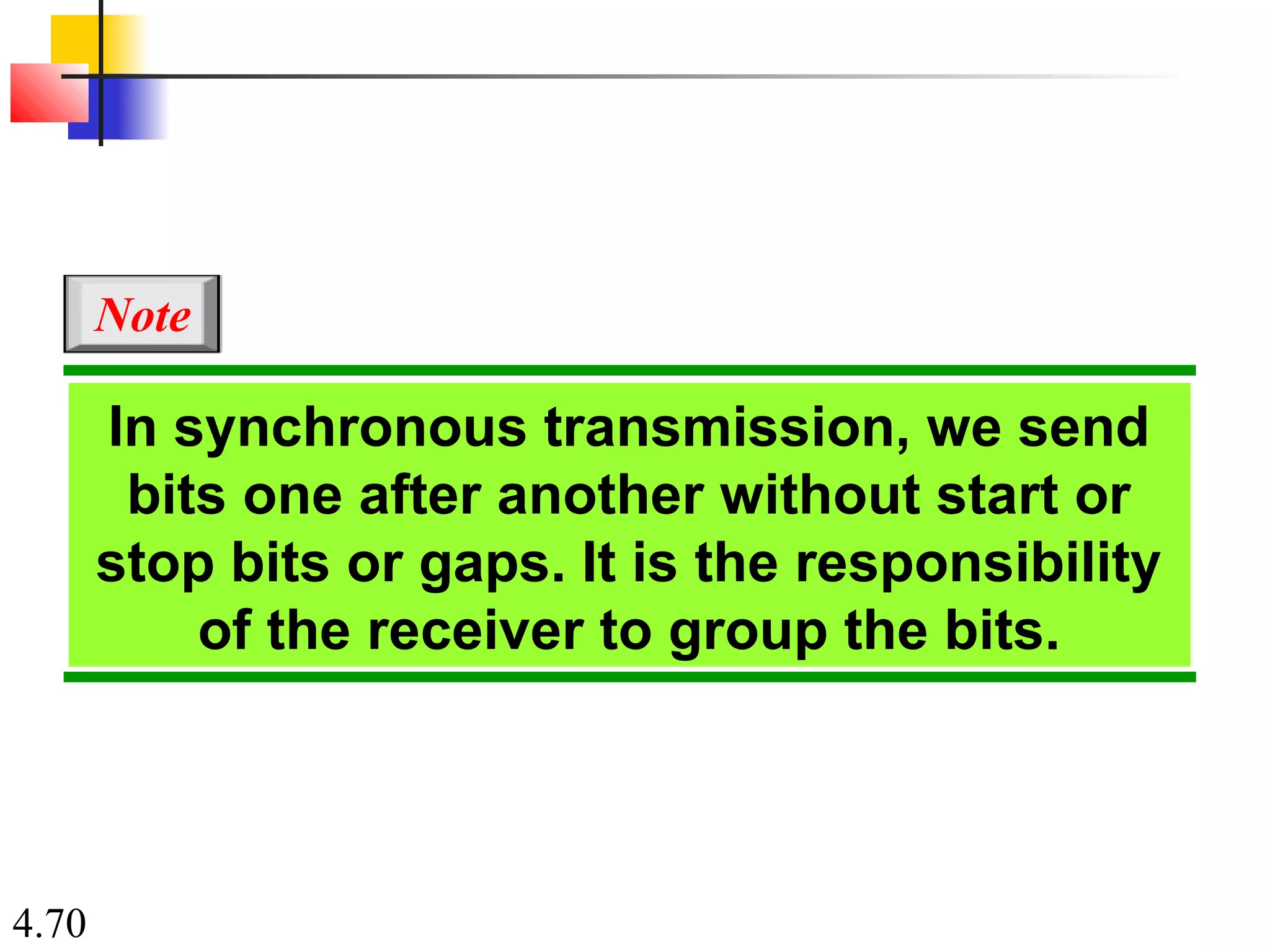 4.70
In synchronous transmission, we send
bits one after another without start or
stop bits or gaps. It is the responsibility
of the receiver to group the bits.
Note
 